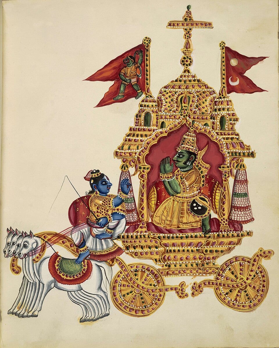 Kṛṣṇa como auriga de Arjuna, miniatura india