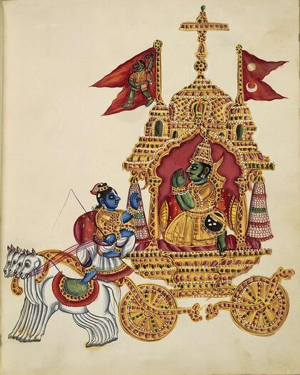 Kṛṣṇa como auriga de Arjuna, miniatura india