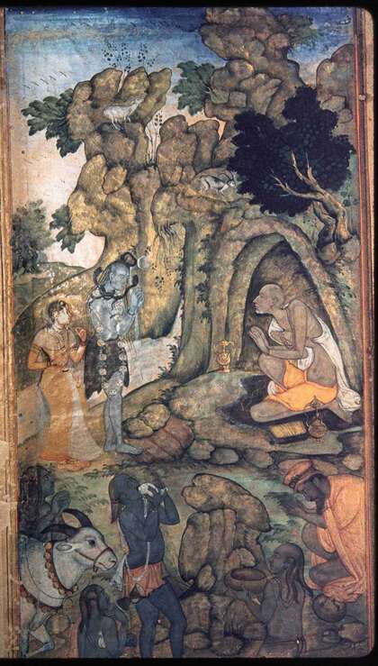 Vasiṣṭha saluda a Shiva y Parvati, manuscrito mogol del Yoga Vāsiṣṭha, 1602