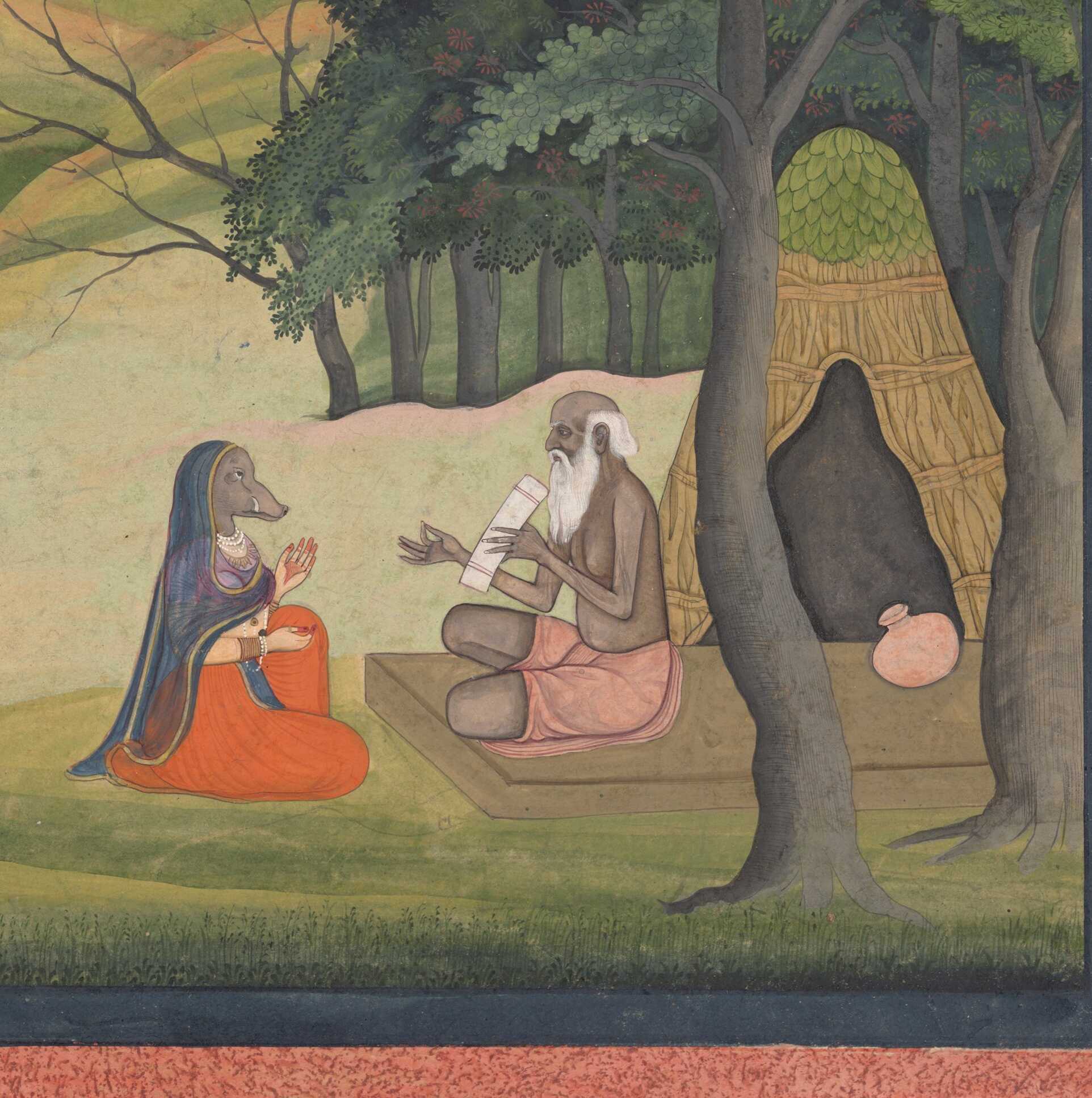 La reina Choladevi ante el eremita Angiras, Guler, c. 1790 (Metropolitan Museum of Art)
